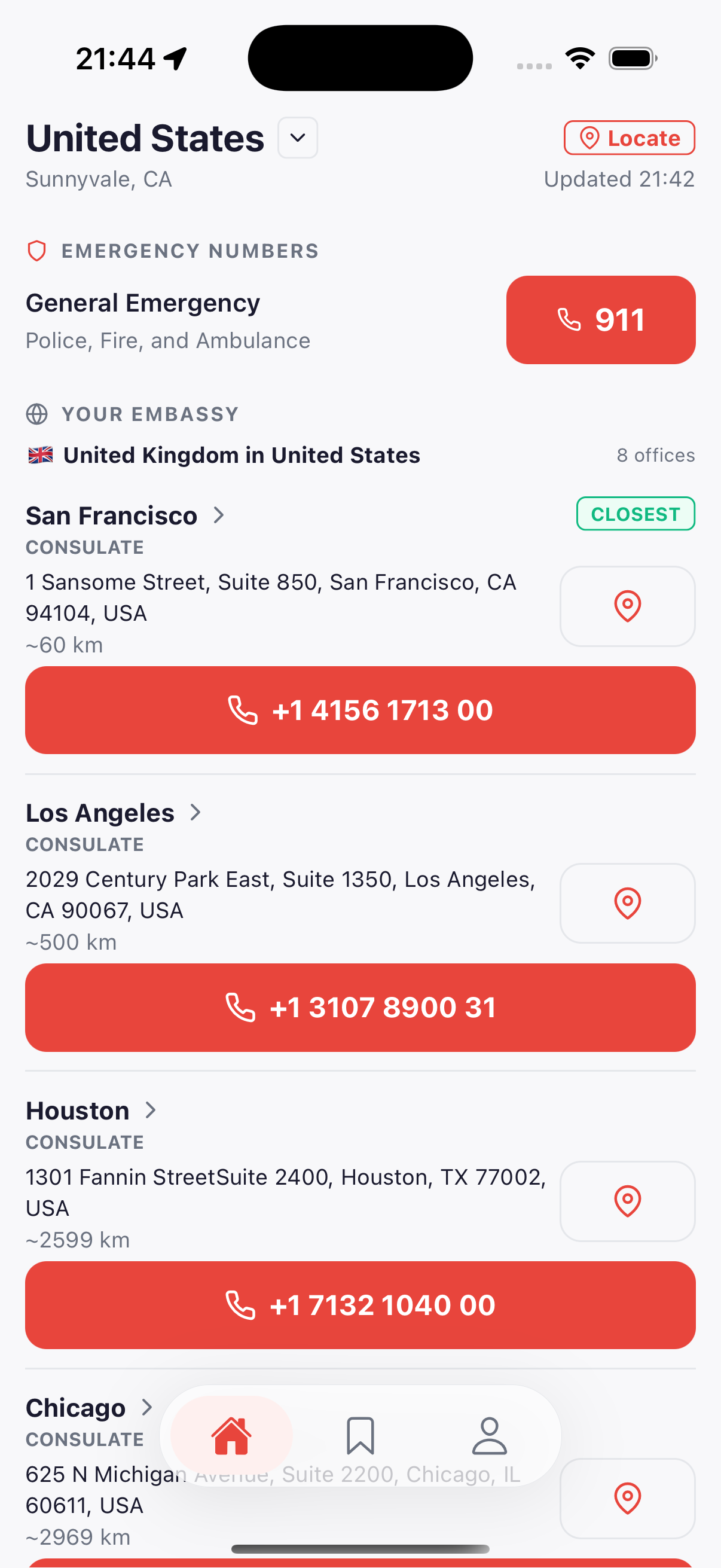 Current Travel Safety iOS screen showing emergency number 911 and United Kingdom consulates in the United States